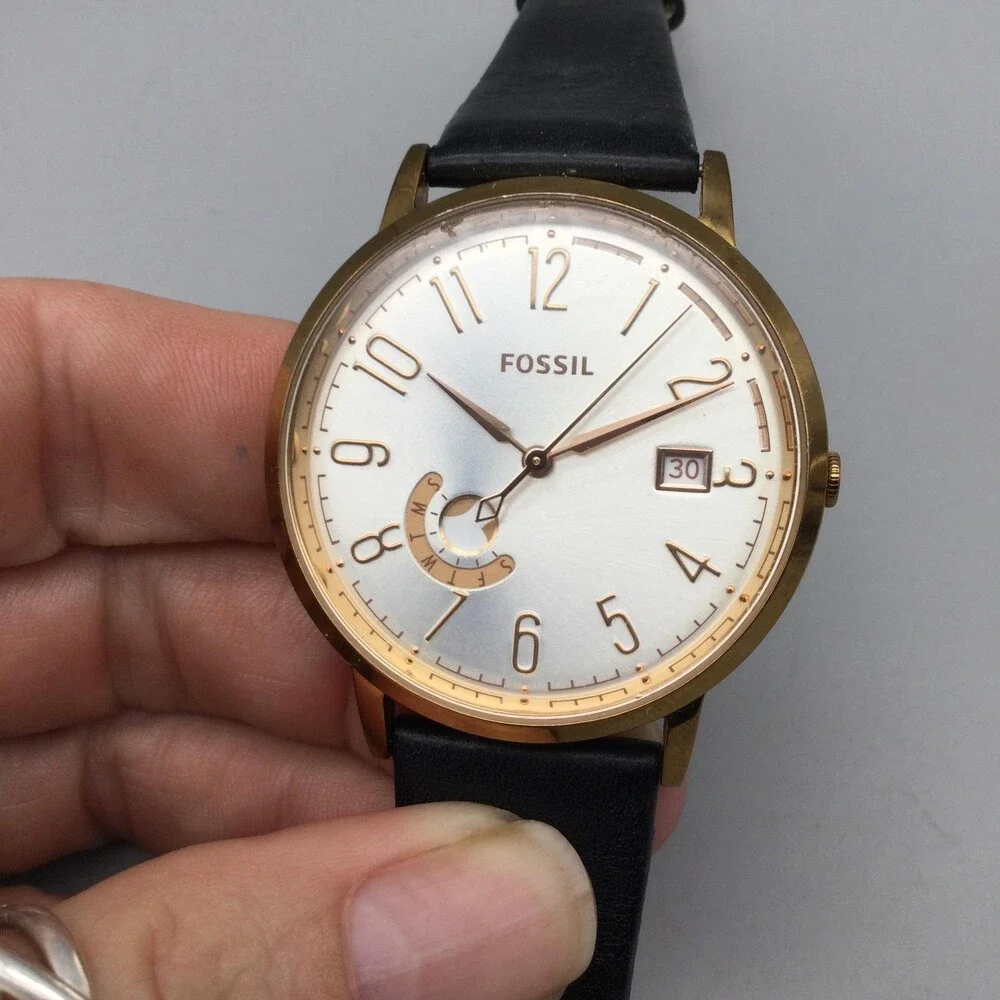 Fossil ES3751 Womens Watch 40mm Silver Gold Tone Black Leather Date New Battery